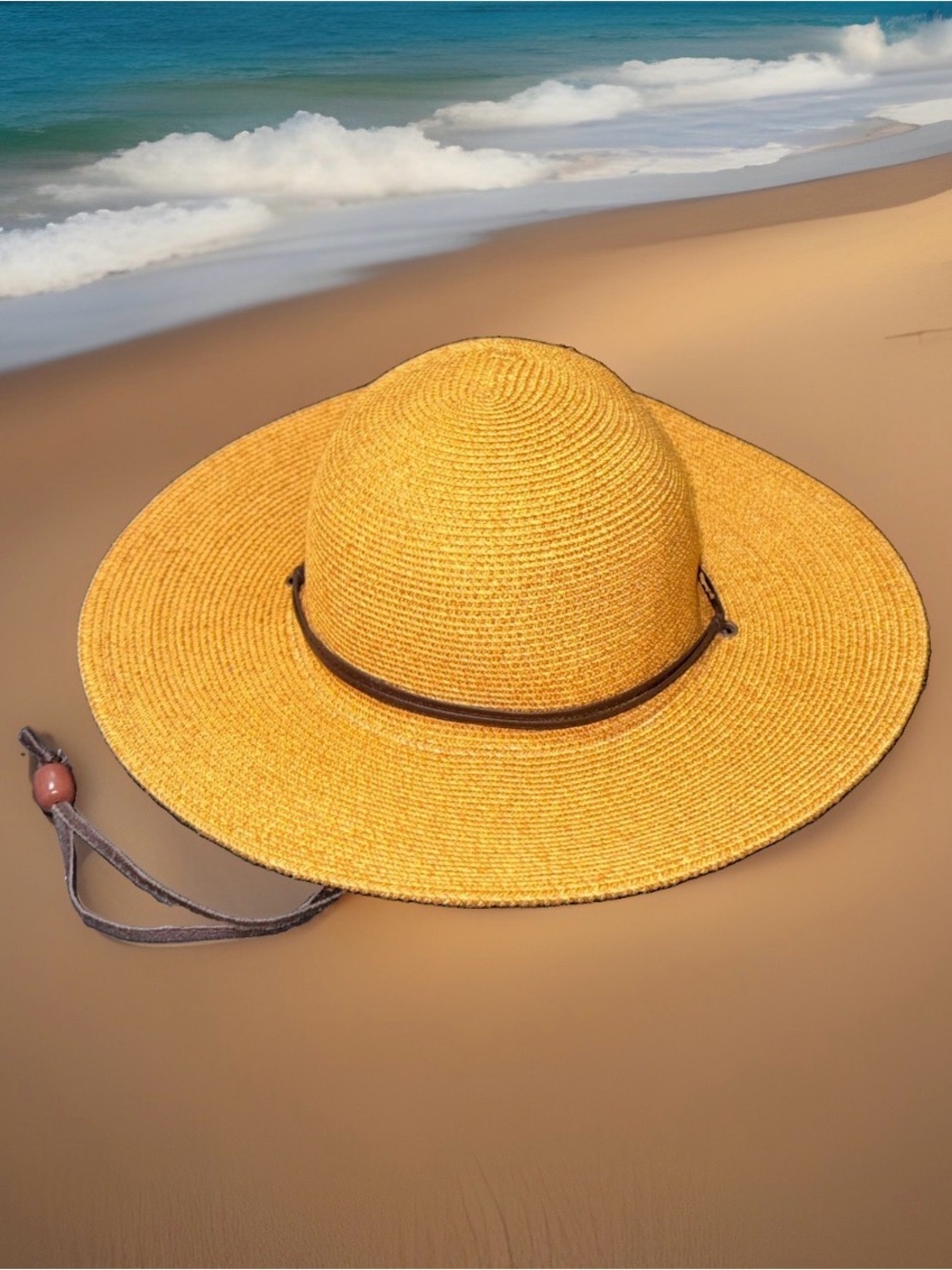 Peter Grimm Mustard Yellow Woven Wide Brim Sun Hat with Adjustable Chin Strap